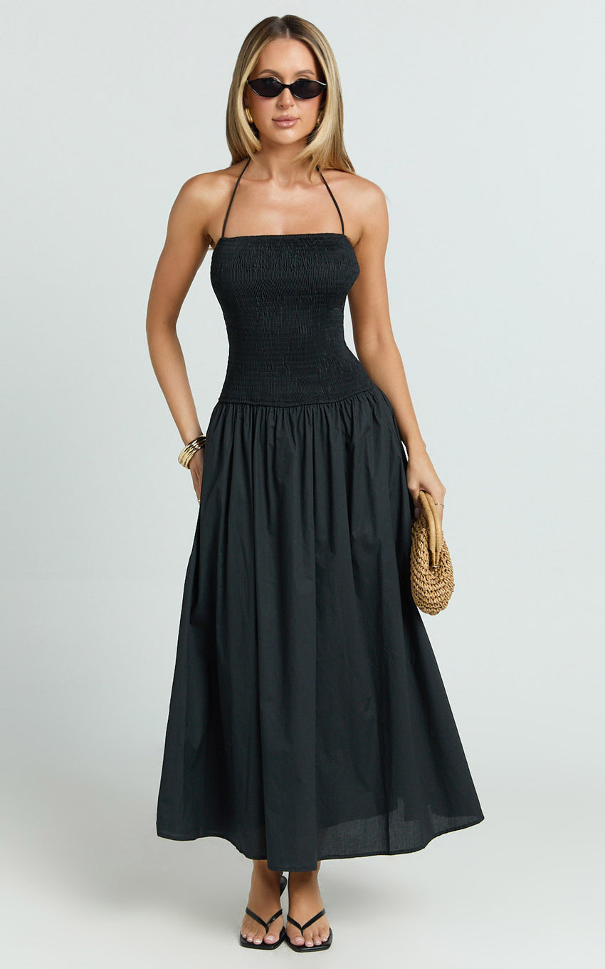 Lita Midi Dress - Shirred Bodice Halter Dress in Black