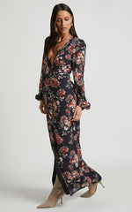 Lorelei Maxi Dress - V Neck Balloon Sleeve Dress in Noir Floral