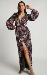 Lorelei Maxi Dress - V Neck Balloon Sleeve Dress in Noir Floral