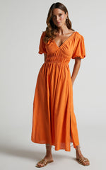 Lorella Midi Dress - Puff Sleeve Plunge Neck Dress in Orange