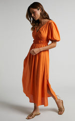 Lorella Midi Dress - Puff Sleeve Plunge Neck Dress in Orange
