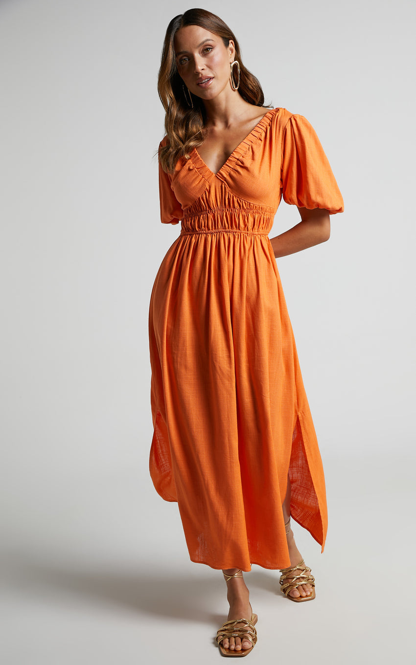 Lorella Midi Dress - Puff Sleeve Plunge Neck Dress in Orange