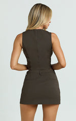 Lorena Mini Skirt - High Waisted Tailored Skirt in Dark Brown