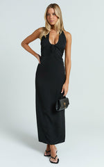 Lorvie Midi Dress - Halter Plunge A Line Dress in Black