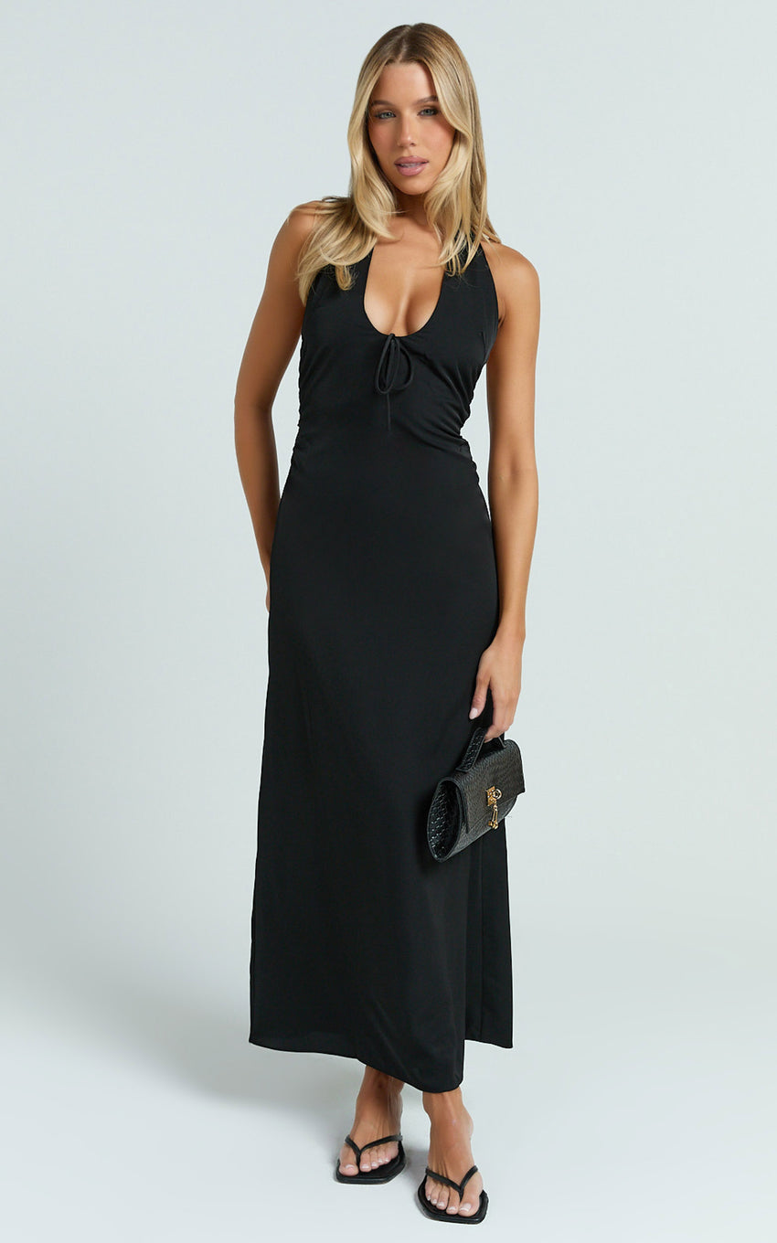 Lorvie Midi Dress - Halter Plunge A Line Dress in Black