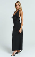 Lorvie Midi Dress - Halter Plunge A Line Dress in Black