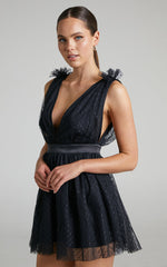 Mariabella Mini Dress - Tulle Plunge Dress in Black