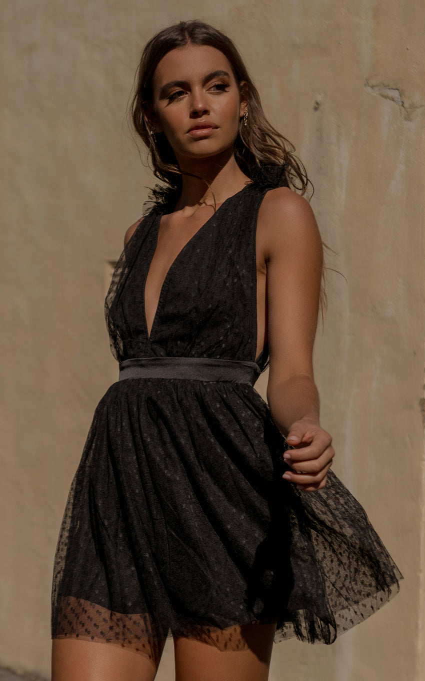 Mariabella Mini Dress - Tulle Plunge Dress in Black