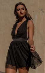 Mariabella Mini Dress - Tulle Plunge Dress in Black