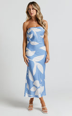 Madelyn Midi Dress - Strapless Palm Print Satin Dress in Blue / White Leaf Motif