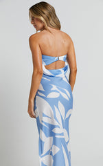 Madelyn Midi Dress - Strapless Palm Print Satin Dress in Blue / White Leaf Motif