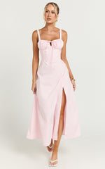Maiya Midi Dress - Tie Front Fitted Bodice Dress in Soft Pink