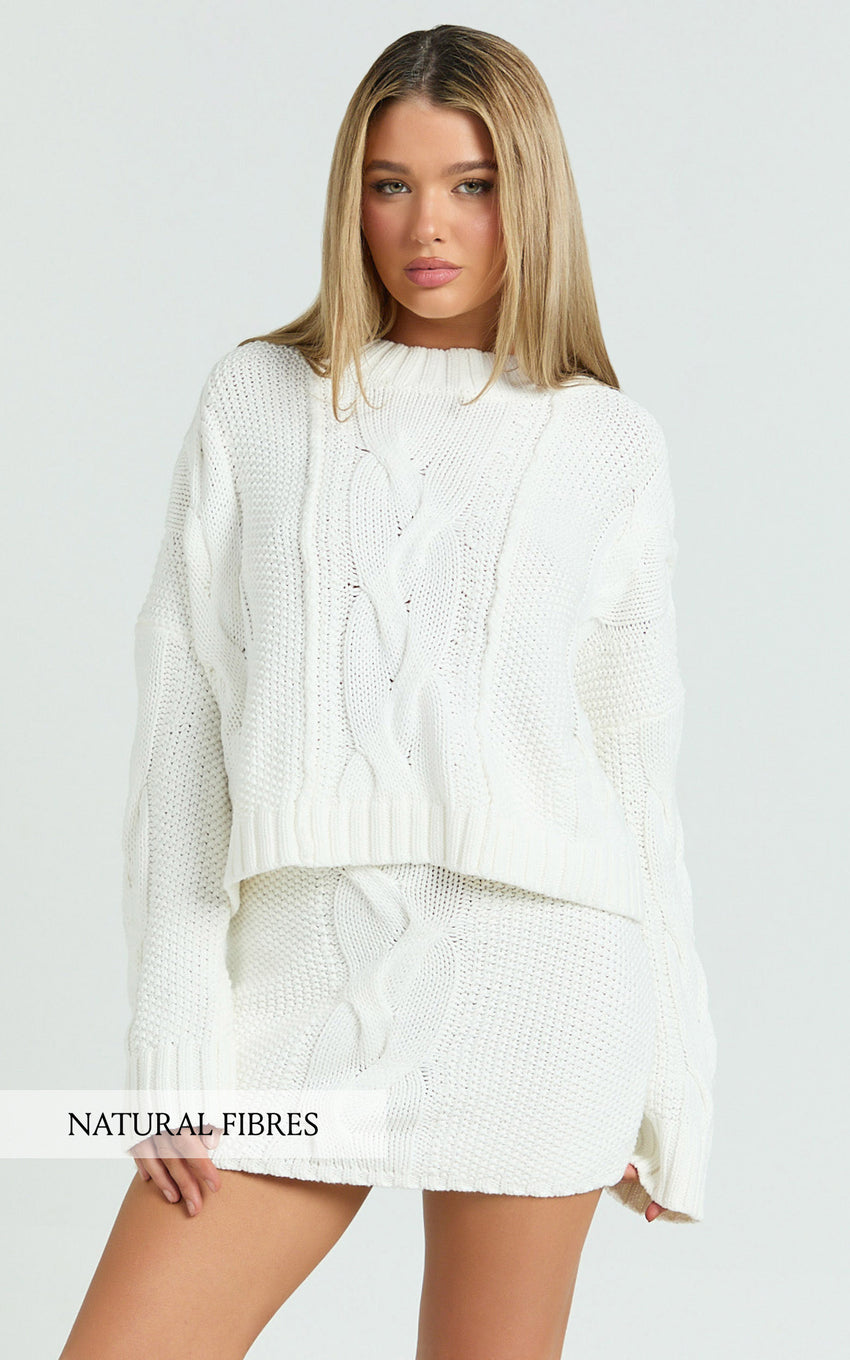 Marge Jumper- Oversized Cable Knit Crew Neck Jumper in White