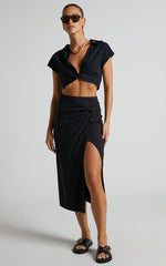 Marieta Midi Skirt - Linen Look Knot Front Skirt in Black