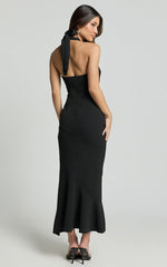Maris Midi Dress - Full Length Halter Tie Neck Dress in Black