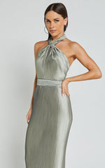 Marlette Midi Dress - Pleated Open Back Halter Dress in Sage