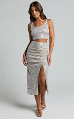 Masha Two Piece Set - Sequin Crop Top and High Waisted Midi Skirt Set in Champagne