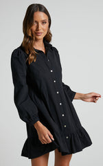 Maulee Mini Dress - Frill Hem Shirt Dress in Black