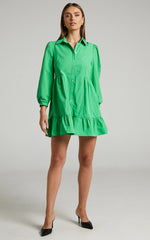 Maulee Mini Dress - Frill Hem Shirt Dress in Green