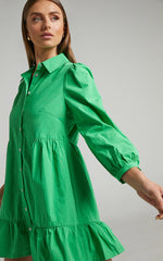 Maulee Mini Dress - Frill Hem Shirt Dress in Green
