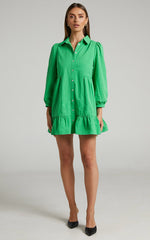 Maulee Mini Dress - Frill Hem Shirt Dress in Green