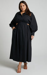 Merabelle Midi Dress - Side Cut Out Collared Long Sleeve Shirt Dress in Black