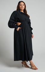 Merabelle Midi Dress - Side Cut Out Collared Long Sleeve Shirt Dress in Black
