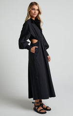 Merabelle Midi Dress - Side Cut Out Collared Long Sleeve Shirt Dress in Black