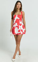 Morgan Mini Dress - Wide Strap Square Neck Fitted Bodice Tulip Skirt Dress in Bouquet Di Fiori Print