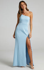 No Ones Fault Midi Dress - One Shoulder Thigh Split Dress in Light Blue