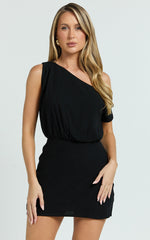 Nellie Mini Linen Dress - Linen One Shoulder Mini Dress in Black