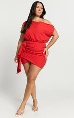 Niana Mini Dress - Drape One Shoulder Dress in Red