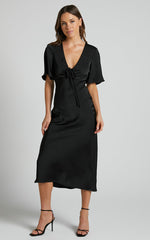 Nicholla Midi Dress - Ruched Front Angel Sleeve Slip Dress in Black