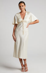Nicholla Midi Dress - Ruched Front Angel Sleeve Slip Dress in Champagne