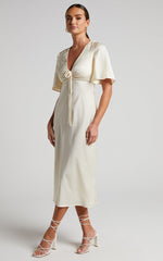 Nicholla Midi Dress - Ruched Front Angel Sleeve Slip Dress in Champagne