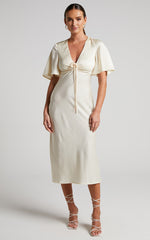 Nicholla Midi Dress - Ruched Front Angel Sleeve Slip Dress in Champagne