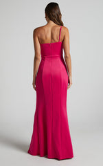 No Ones Fault Midi Dress - One Shoulder Thigh Split Dress in Berry