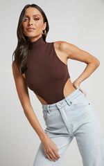 Nuala Bodysuit - High Neck Side Cut Out Bodysuit in Chocolate