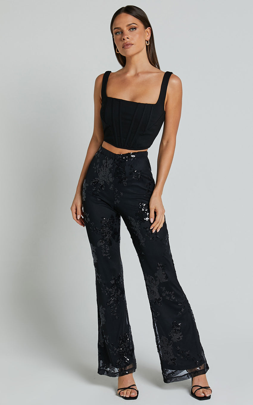 Ortiz Pants - High Waist Straight Leg Sequin Pants in Black Floral