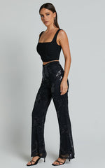 Ortiz Pants - High Waist Straight Leg Sequin Pants in Black Floral