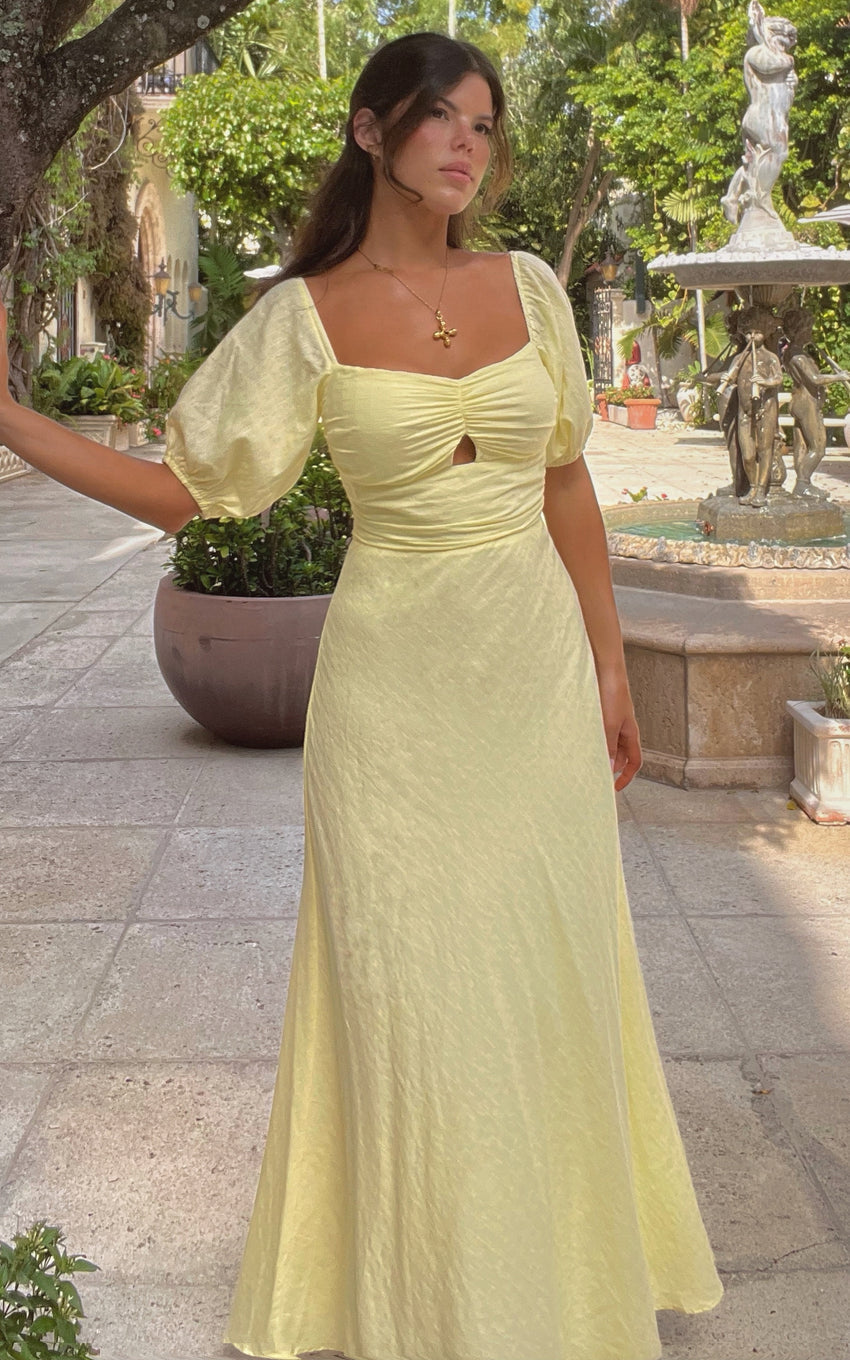 Vynna Midi Dress - Scoop Neck Puff Sleeve Ruched Bust A Line Dress in Butter Yellow