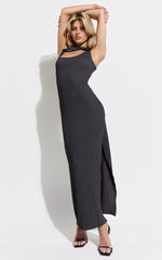 Pia Midi Dress - Twist Neck Cut Out Bodycon Dress in Charcoal