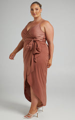 How Will I Know Midi Dress - Wrap Waist Tie Tulip Hem Dress in Dusty Rose