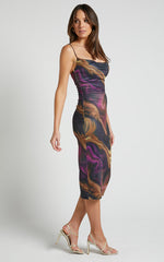 Rhaine Midi Dress - Cowl Bodycon Dress in Regal Swirl