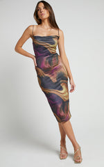 Rhaine Midi Dress - Cowl Bodycon Dress in Regal Swirl