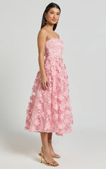 Rheiva Midi Dress - Strapless 3D Embroidery Midi Dress in Soft Pink
