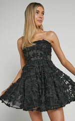 Rheiva Mini Dress - Strapless 3D Embroidery Dress in Black