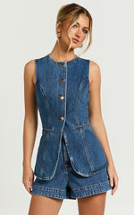 Rhianna Top - Button Down Longline Recycled Denim Vest Top in Dark Blue Wash