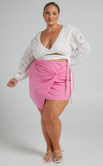 Kiandra Mini Skirt - Linen Look Twist Front Skirt in Pink Linen Look