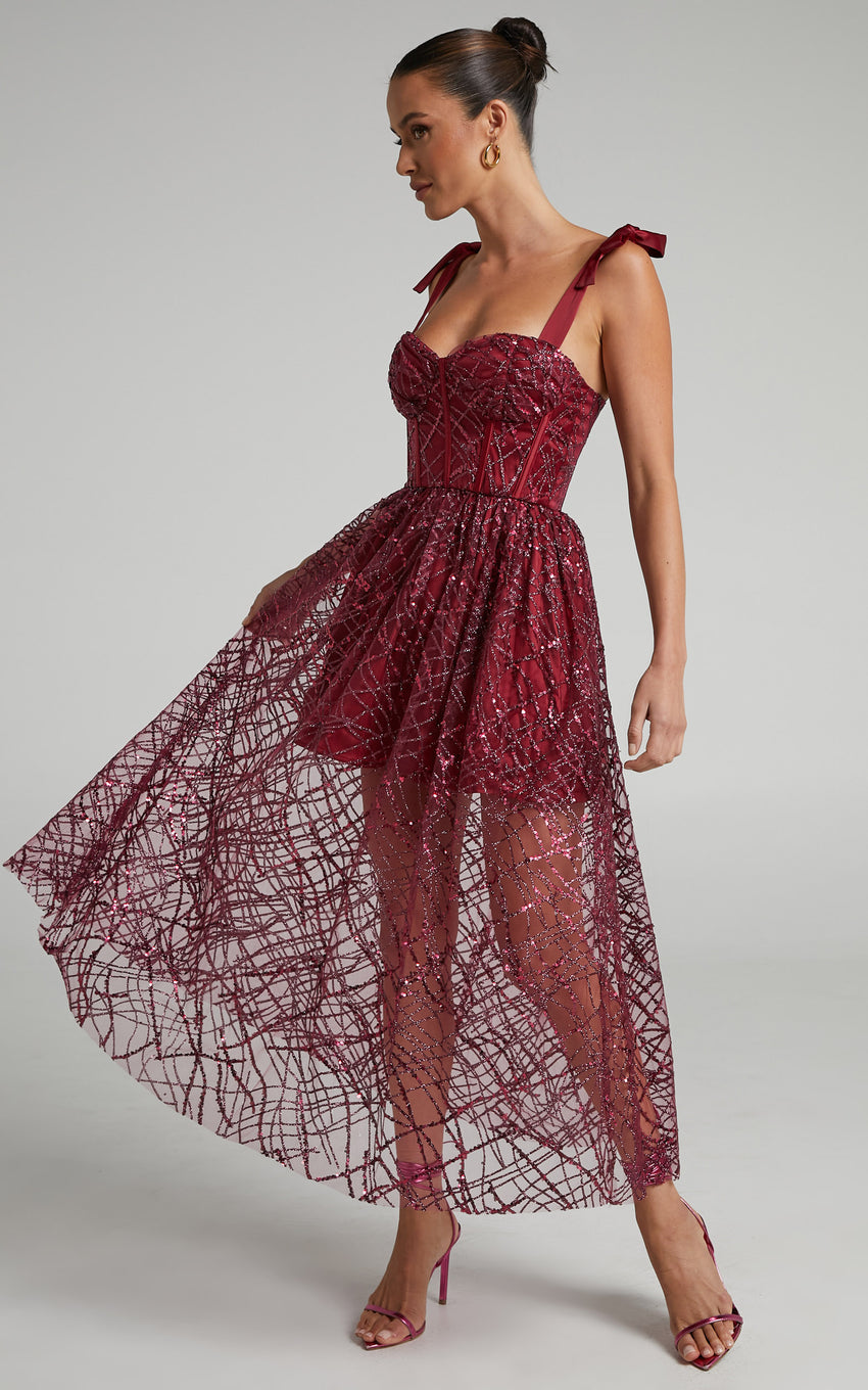 Rimea Midi Dress - Tie Shoulder Bustier Bodice Glitter Tulle Dress in Berry
